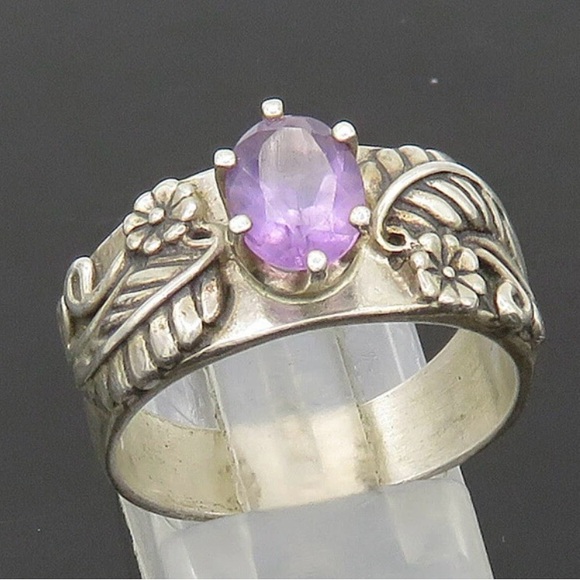 CAROLYN POLLACK 925 Silver  Vintage Amethyst Floral Band Ring Sz 9 - Picture 7 of 9